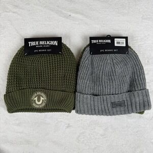 True Religion 2-Piece Beanie Set Green Gray Faux Fur Lined Waffle OSFM New